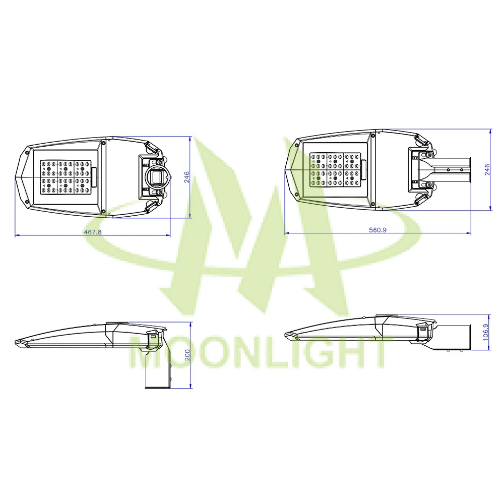 Mechanical dimensions diagram of MLT-SLH-MS-II aluminum street lamp housing for LED outdoor lighting fixtures